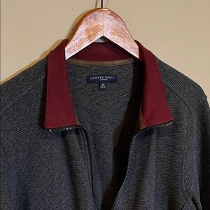 Men's Charcoal and Burgundy Zip-Up Sweater Jacket
